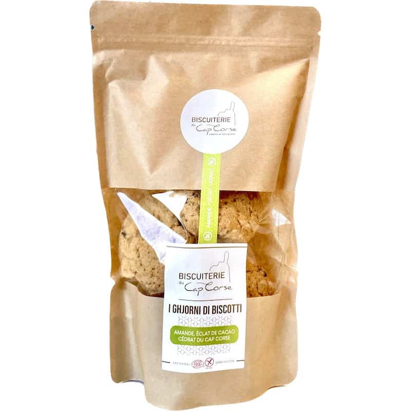 Sachet de biscuits sans gluten amande, éclats de cacao et cédrat du Cap Corse - Biscuiterie du Cap Corse Sachet de biscuits sans gluten amande, éclats de cacao et cédrat du Cap Corse - Biscuiterie du Cap Corse