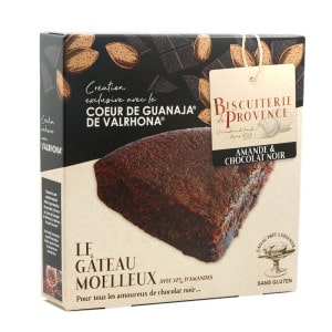 Boite d'amandier sans gluten au chocolat noir Valrhona de La Biscuiterie de Provence.