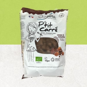 Sachet de petits carrés cacao et noisettes bio et sans gluten- Aglina recto