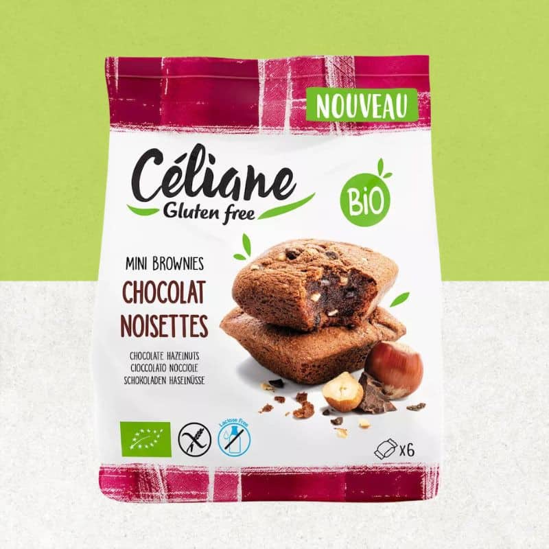 Sachet de mini brownies au chocolat et noisette sans gluten, sans lactose, bio fabriqué par Céliane