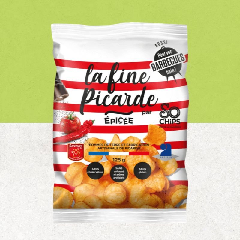 Sachet de chips La Fine Picarde saveur épicée, sans gluten, 125g - SoChips Sachet de chips La Fine Picarde saveur épicée, sans gluten, 125g - SoChips