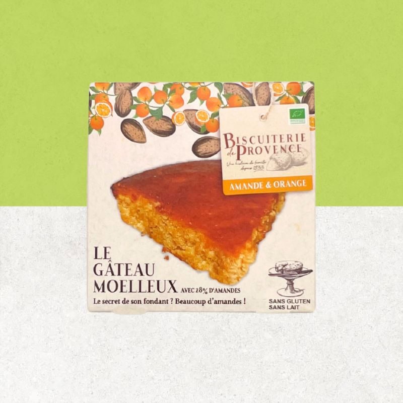 Boite de gâteau moelleux orange et amandes sans gluten - La Biscuiterie de Provence