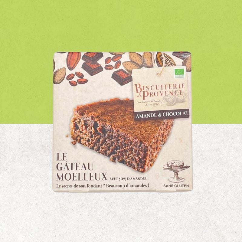 Boite de Gâteau Moelleux sans gluten aux amandes et chocolat - La Biscuiterie de Provence