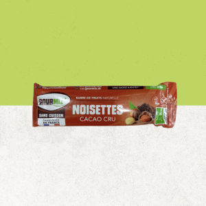 Barre de fruits bio sans gluten, noisettes et cacao cru - Gourmiz