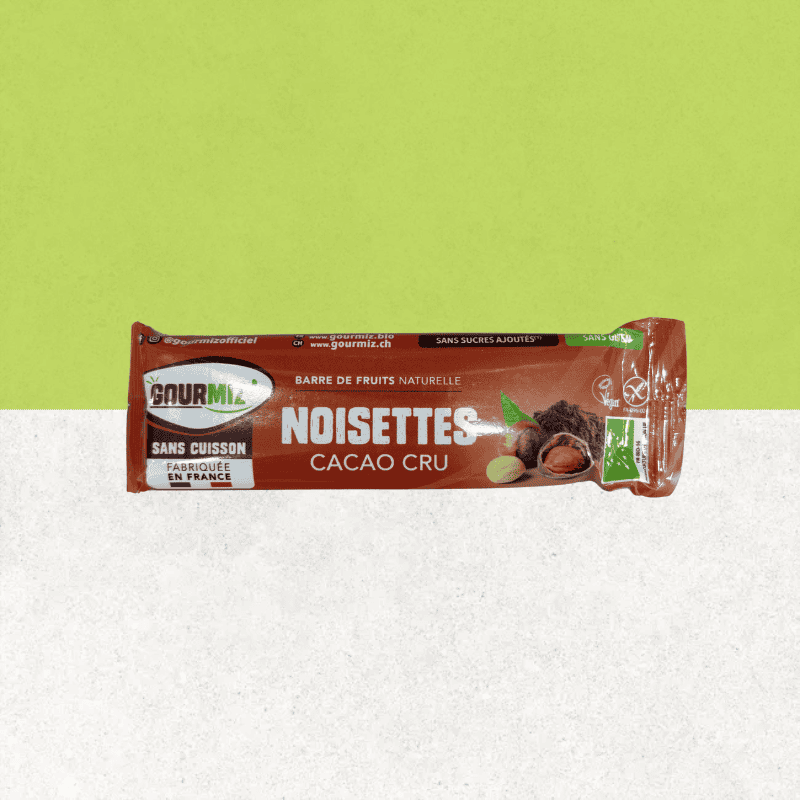 Barre de fruits bio sans gluten, noisettes et cacao cru - Gourmiz