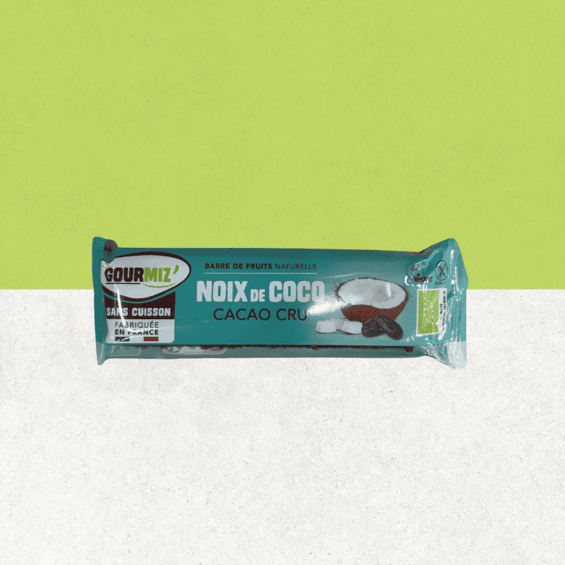 Barre de fruits bio sans gluten, noix de coco et cacao cru - Gourmiz