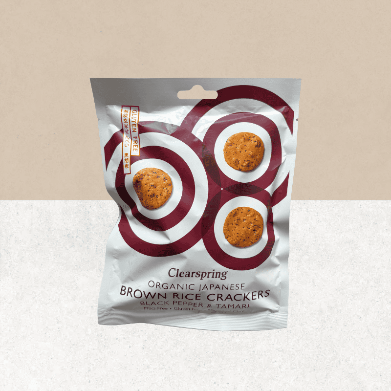 Sachet de crackers de riz complet sans gluten au poivre noir et tamari - Clearspring