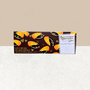 Paquet de coeur de macarons bio et chocolat oranges confites, sans gluten et bio - La Biscuiterie de Provence