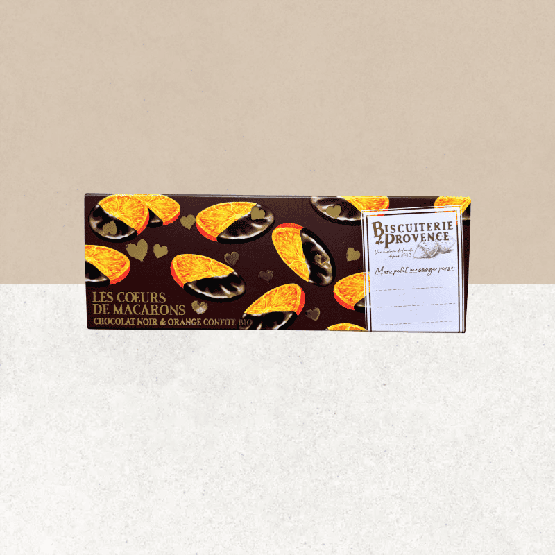 Paquet de coeur de macarons bio et chocolat oranges confites, sans gluten et bio - La Biscuiterie de Provence