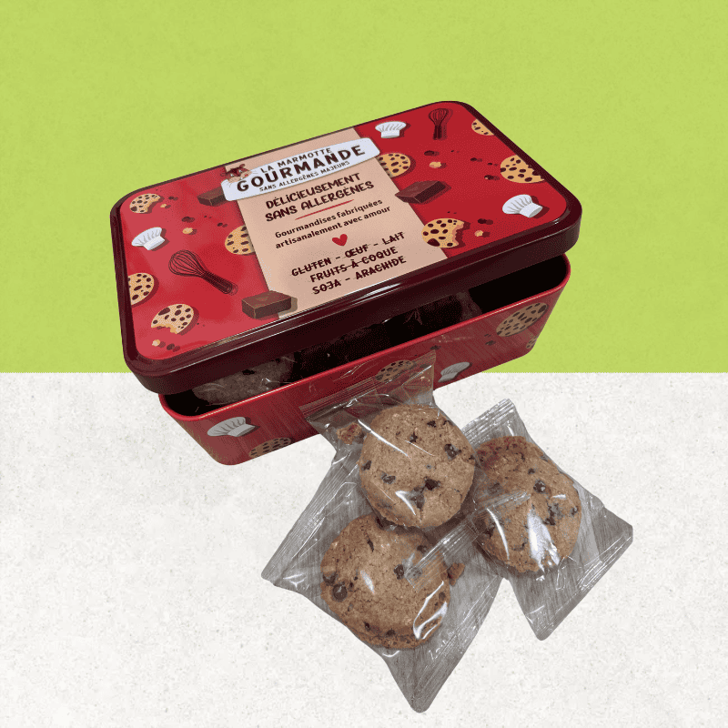 Boite métal de cookies sans gluten aux pépites de chocolat
