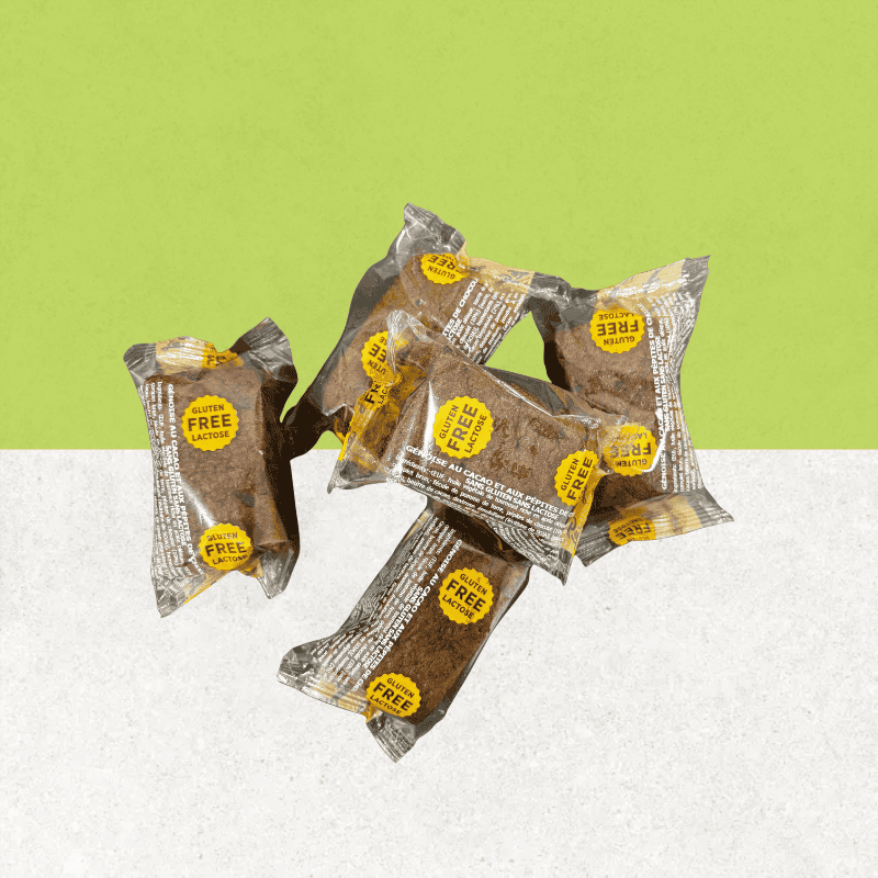 Lot de 5 génoises en sachets individuels  sans gluten et sans lactose saveur cacao et pépites de chocolat - La Granja