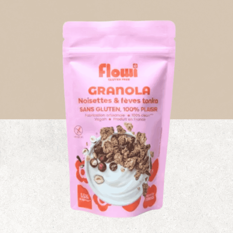Sachet de granola saveurs noisettes et fèves tonka sans gluten, vegan et bio - FLowi