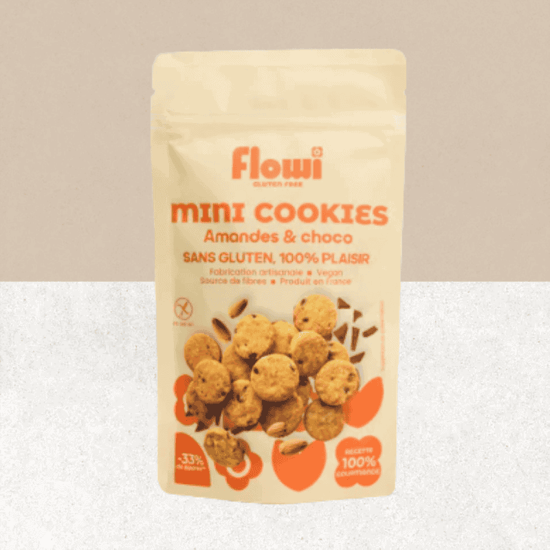 Sachet de mini cookies saveurs amandes et chocolat sans gluten, vegan et bio - FLowi