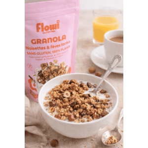 Présentation du granola saveurs noisettes et fèves tonka sans gluten, vegan et bio - FLowi
