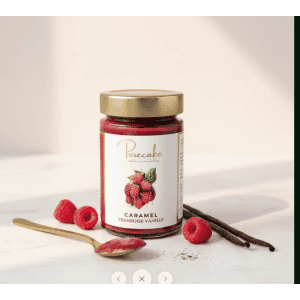 Présentation de la tartinable Caramel Framboise Vanille sans gluten et vegan - Purecake