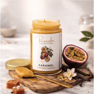 Présentation du tartinable saveur caramel, passion et vanille sans gluten et vegan - Purecake
