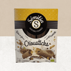 Présentation des Croustiks fourrés cacao et cacahuètes bio et sans gluten  - Sémilia