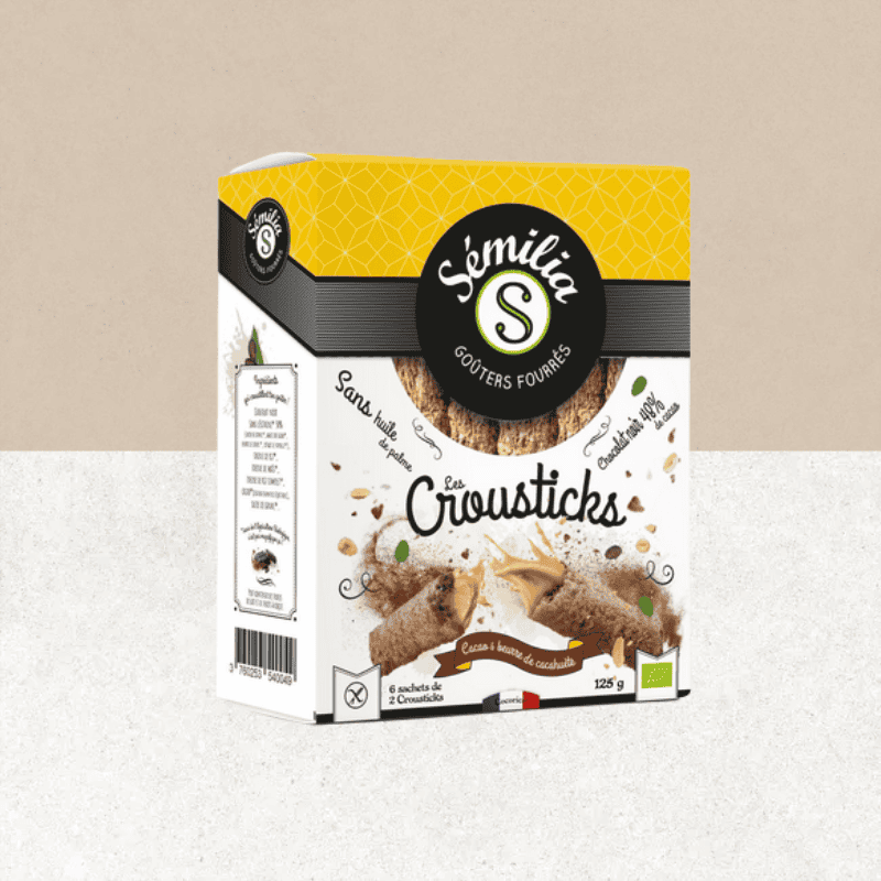 Boite des Croustiks fourrés cacao et cacahuètes bio et sans gluten  - Sémilia