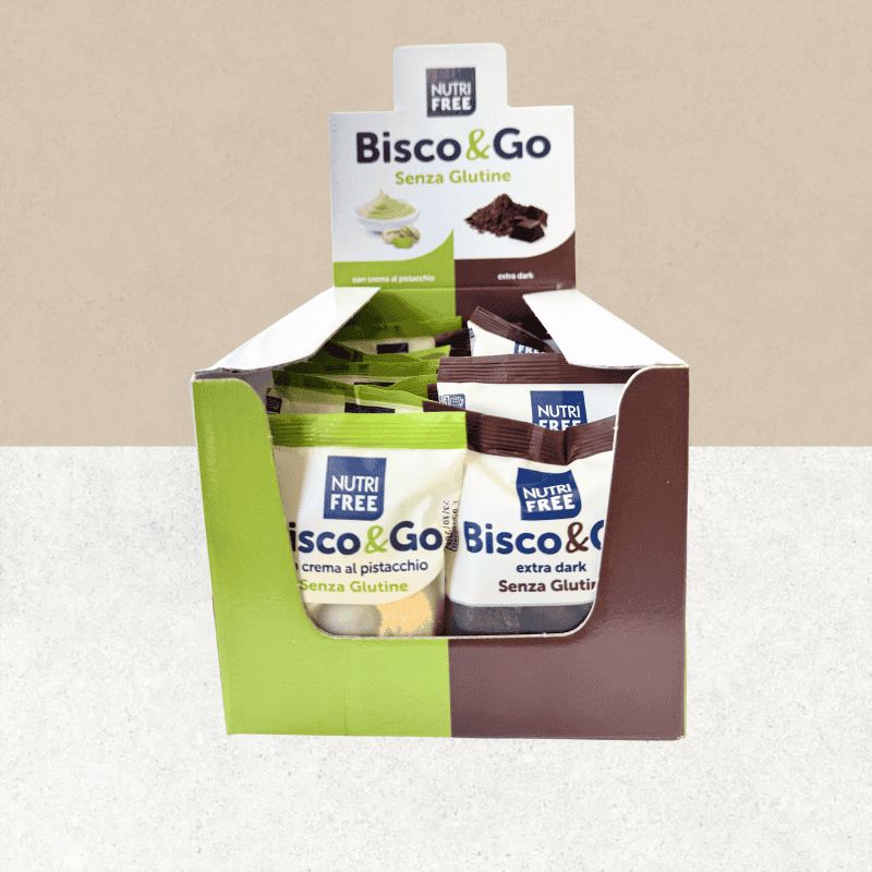 Boite des 16 biscuits Bisco & Go sans gluten saveurs chocolat et pistache - Nutri Free