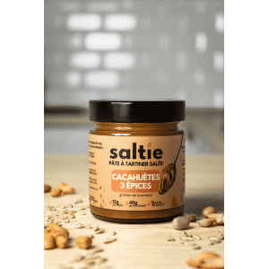 Présentation de la  Pâte à tartiner salée saveur cacahuètes et 3 épices sans gluten et sans lactose - Saltie