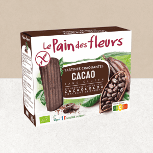 Paquet de tartines craquantes sans gluten, vegan et bio au cacao - Pain des fleurs