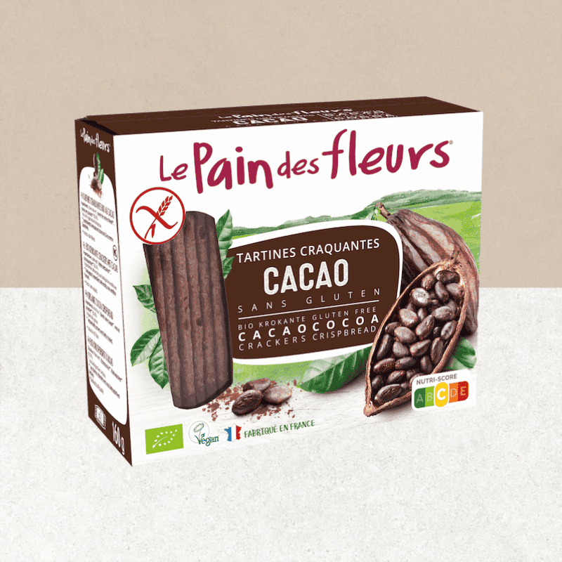 Paquet de tartines craquantes sans gluten, vegan et bio au cacao - Pain des fleurs