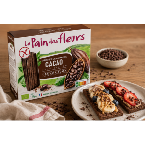 Présentation des tartines craquantes sans gluten, vegan et bio au cacao - Pain des fleurs