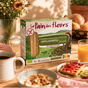 Présentation de tartines craquantes sans gluten, bio, et vegan aux lentilles vertes - Pain des fleurs
