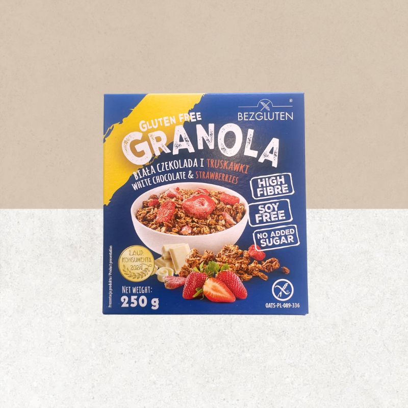 Paquet Granola saveur fraises et chocolat blanc sans gluten - Bezgluten
