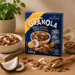 Présentation de granola saveur noix de coco et amande sans gluten - Bezgluten