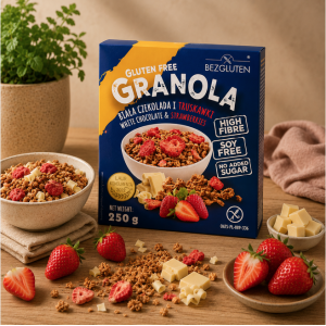 Présentation Granola saveur fraises et chocolat blanc sans gluten - Bezgluten