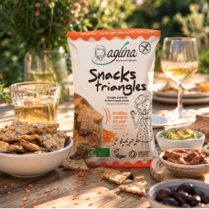 Présentation snacks salés saveur lentilles corail et riz noir sans gluten et bio - Aglina
