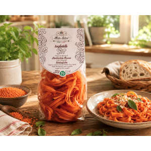 Présentation de pâtes tagliatelles sans gluten et vegan aux lentilles roses et riz complet - Pasta Natura