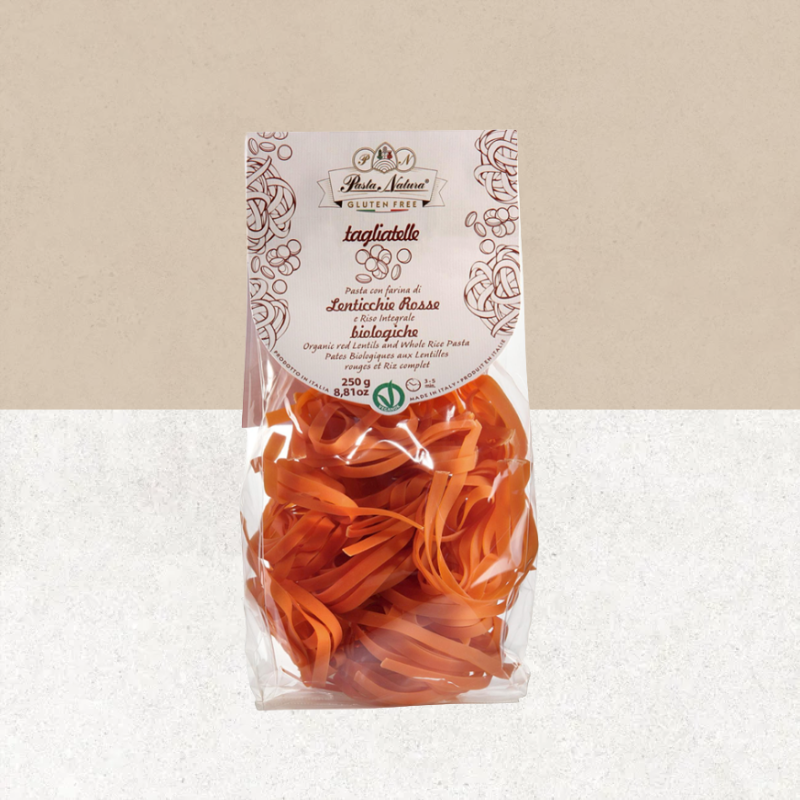 Paquet de pâtes tagliatelles sans gluten et vegan aux lentilles roses et riz complet - Pasta Natura