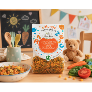 Présentation de  pâtes bio sans gluten et vegan en forme de lettres alphabet - Pasta Natura