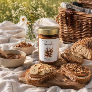 Présentation de pâte à tartiner saveur caramel et vanille sans gluten et vegan - Purecake