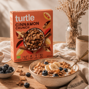 Présentation de céréales croquantes sans gluten et bio à la cannelle - Turtle