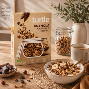 Présentation du granola chocolat et noisettes bio et sans gluten - Turtle