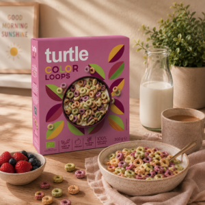 Présentation céréales en anneaux fruités, bio et sans gluten - Turtle