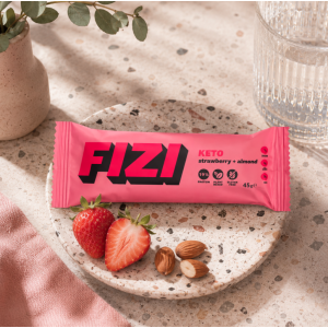 Présentation barre sans gluten saveur fraise et amandes keto - Fizi