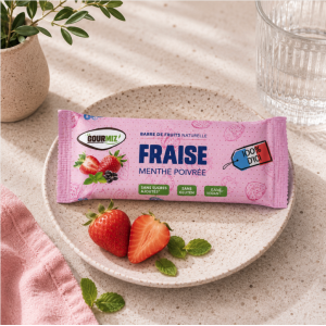 Présentation barre aux fruits bio sans gluten, fraise et menthe poivrée  - Gourmiz