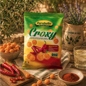 Présentation des snacks de maïs Croxy goût paprika sans gluten - Farabella