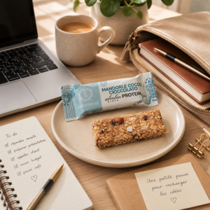 Suggestion de présentation de la barre protéinée bio à l'avoine amande, chocolat & noix de coco sans gluten - Ambrosiae