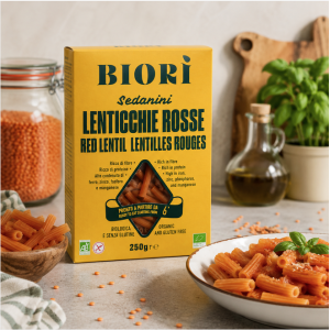 Suggestion de présentation des pâtes sans gluten Sedanini aux lentilles corail - Les Biori