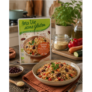 Suggestion de présentation du plat complet sans gluten au quinoa, millet et légumes, bio et vegan - Ma Vie sans gluten