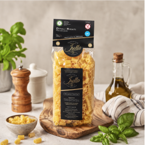 Suggestion de présentation des Pâtes artisanales Ditali Rigati sans gluten Maïs et riz - Irollo