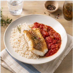 Suggestion de présentation du plat préparé Colin Basquaise sans gluten, pauvre en FODMAP - BellyCare
