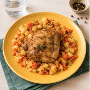 Suggestion de présentation du plat préparé poulet et écrasé de 3 légumes - Sans gluten - Pauvre en FODMAP - BellyCare