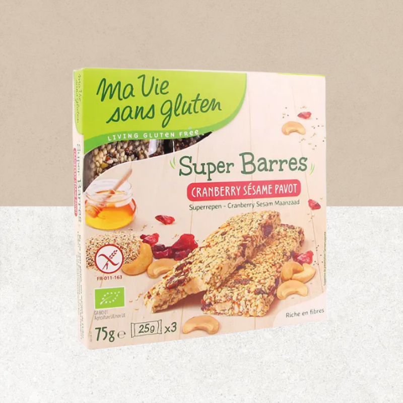 Paquet de 3 Super Barres sans gluten au sésame, cranberries et pavot - Ma Vie sans gluten