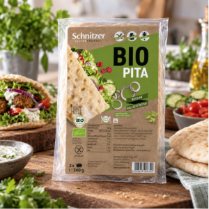 Suggestion de présentation des pains pita bio au maïs sans gluten 240 g – Schnitzer